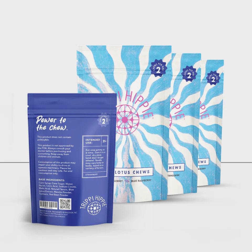 Three Trippi Hippie Blue Lotus Chews gummy packaging shown front and back, featuring blue and white psychedelic swirl design.