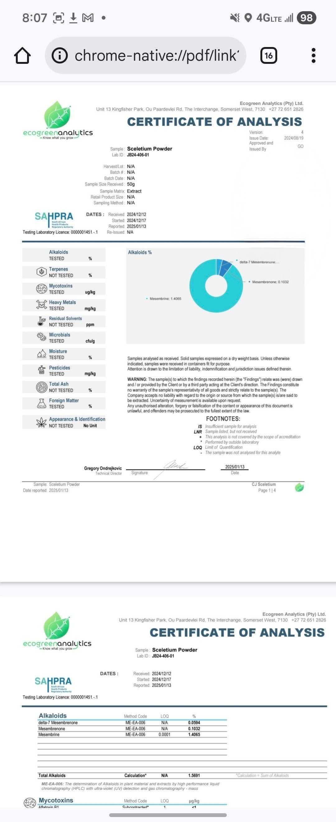 1.5% Total Alkaloid Standardized Kanna Extract Certificate Of Analysis By Healing Herbals. This is charts, analytics and text.