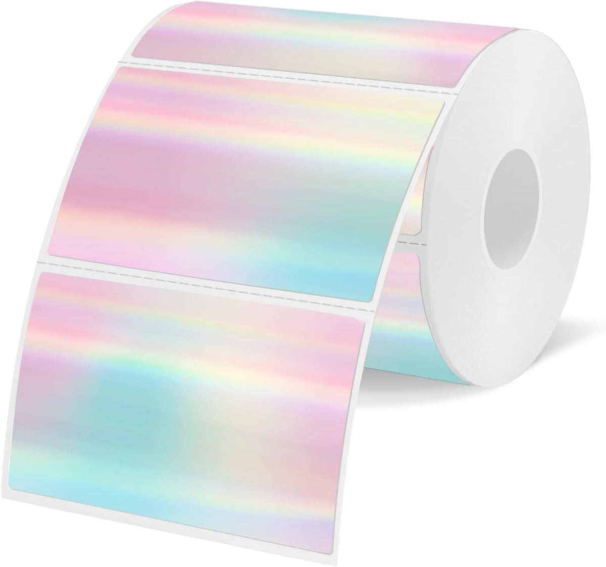Roll of blank 3 by 2 inch rainbow holographic direct thermal label stickers