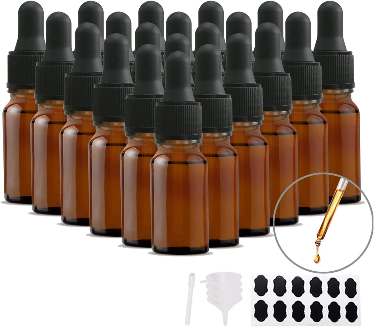 Empty 10 ml amber glass dropper bottles with black rubber-bulb glass droppers