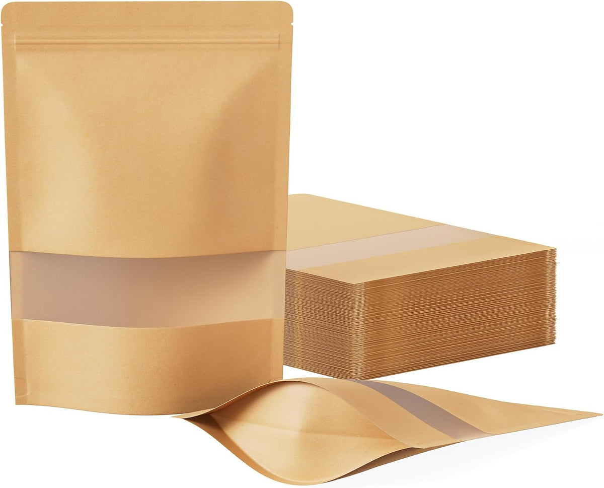 Kraft stand-up resealable pouches with a matte window, 6.7 by 9.4 inches