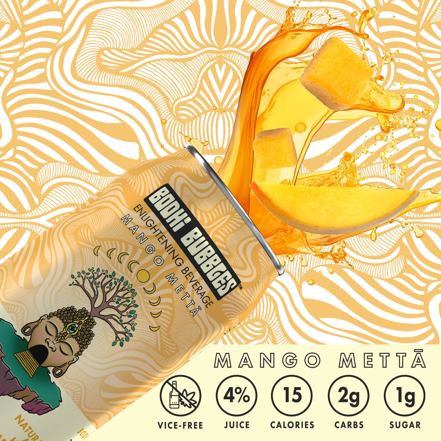 Bhodi Bubbles Mango Mettā kanna-infused sparkling beverage can shown with a bright golden mango splash and fruit pieces, featuring illustrated label artwork and nutritional highlights, set against a warm patterned background.