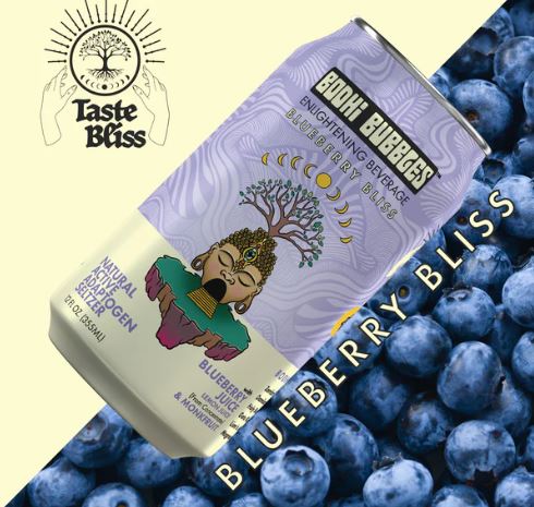 Bodhi Bubbles Blueberry Bliss enlightening beverage can with illustrated label, shown diagonally over a background of fresh blueberries, featuring the Taste Bliss logo and blueberry flavor callout.