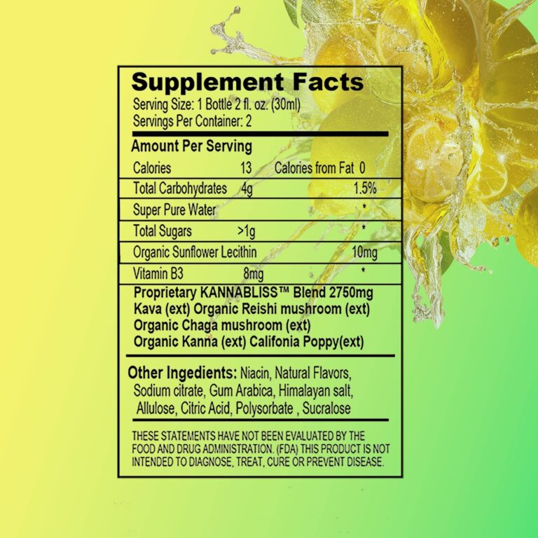 Supplement Facts panel displaying nutrition information, vitamin B3, and a proprietary Kannabliss herbal blend, set on a lemon-themed yellow-green background.