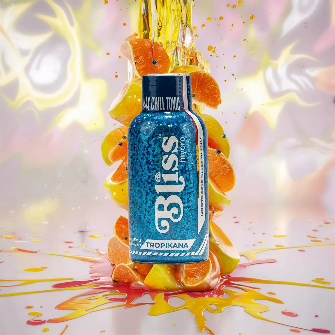 Bliss Tropikana nootropic beverage bottle with blue label, displayed with stacked orange and citrus slices and vibrant splash effects.