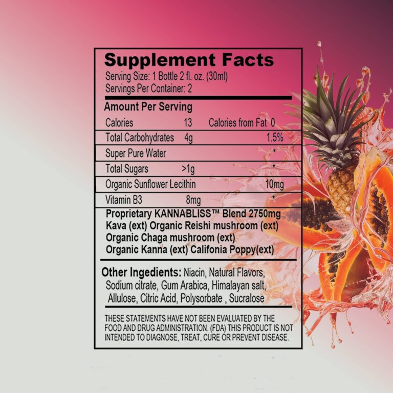 Supplement Facts panel displaying nutrition information, vitamin B3, and a proprietary Kannabliss herbal blend, set on a tropical fruit–themed pink background.