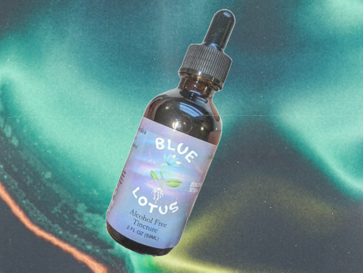 A blue lotus tincture over a psychedelic background mainly green. The blue lotus tincture is a brown glass bottle. Logo is a blue lotus flower flowing and slightly elongated / exaggerated