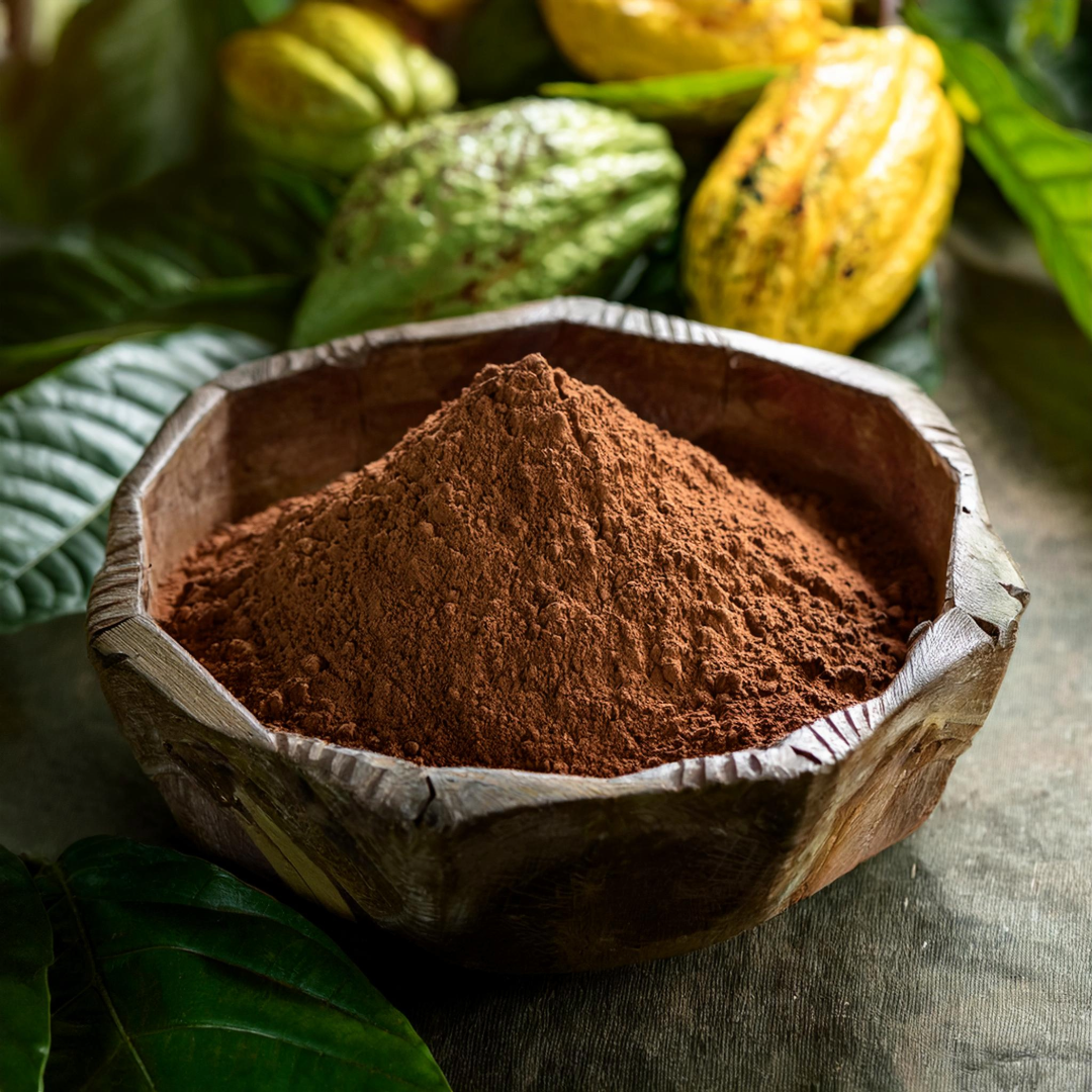 Rustic wooden bowl filled with finely ground ceremonial-grade cacao powder, set against a natural backdrop of cacao pods and green leaves, highlighting its rich brown color and earthy texture.
