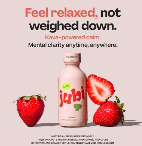 Jubi Kava Chill shot with the headline “Feel relaxed, not weighed down,” featuring a pink strawberry-flavored bottle centered between fresh strawberries, highlighting kava-powered calm and mental clarity on a soft neutral background.