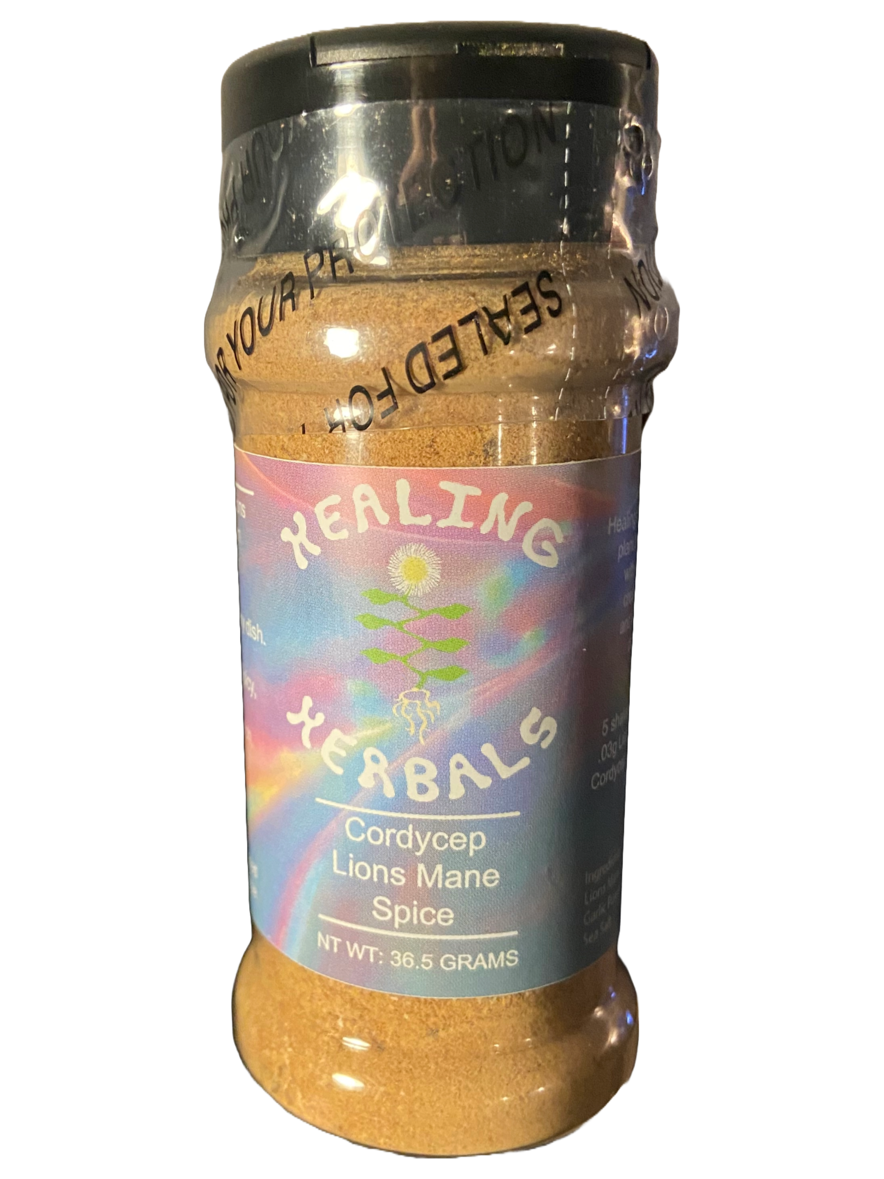 Front-facing bottle of Healing Herbals Cordyceps & Lion’s Mane seasoning spice, clear shaker filled with golden-brown powder, labeled jar displayed on a clean white background.
