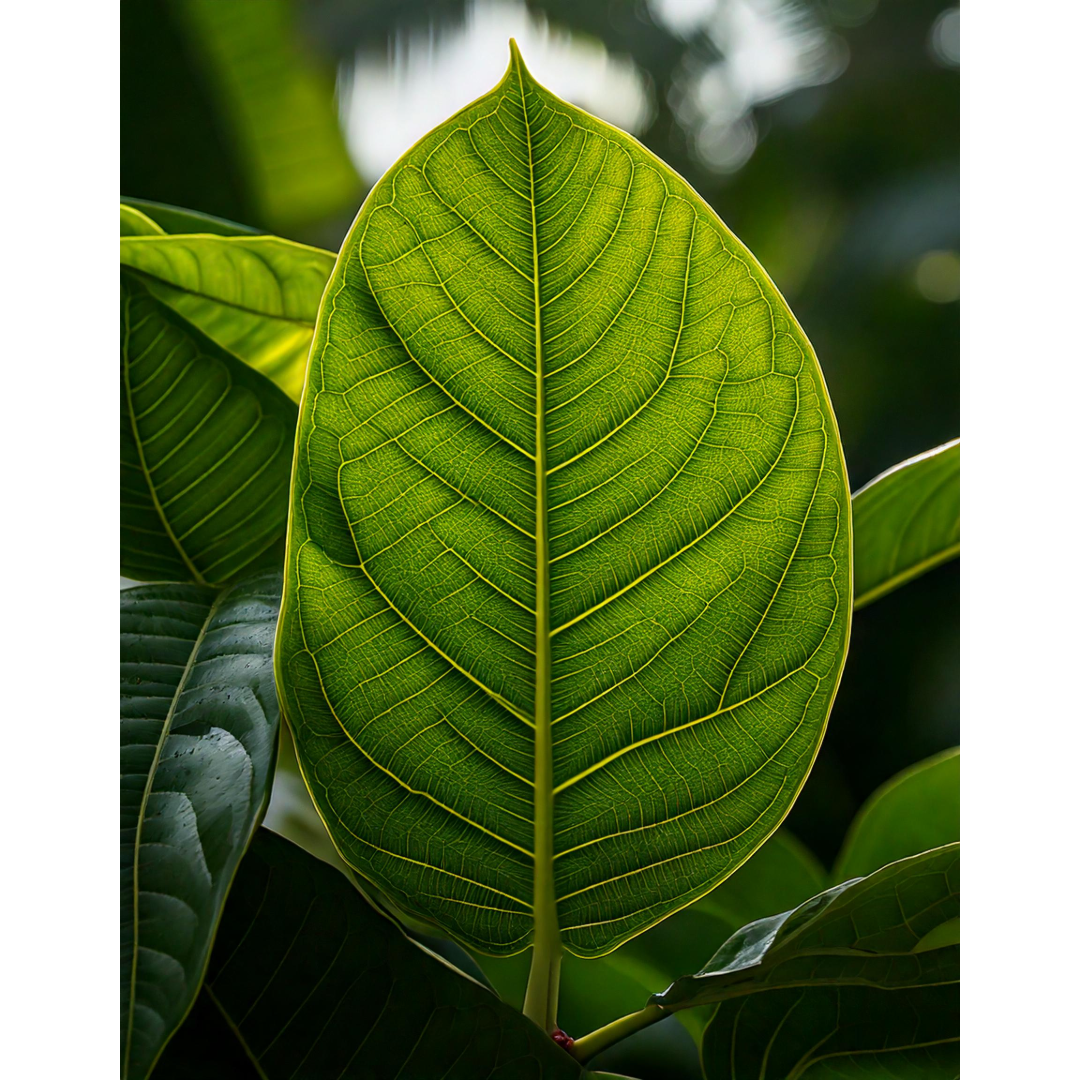 Close-up of a fresh kava leaf (Piper methysticum) with prominent veins and rich green coloration, surrounded by lush foliage in soft natural light.