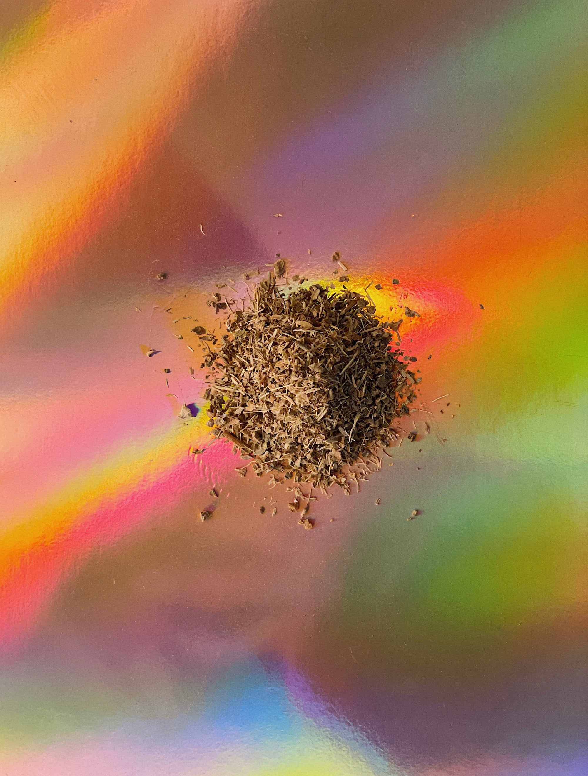 Our Kanna Loose Leaf Tea spilled over a very rainbow background - Sceletium Tortuosum