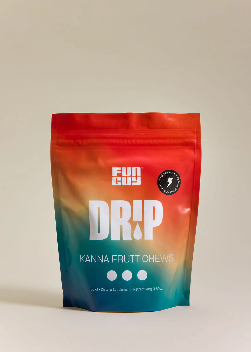 Resealable gradient pouch labeled “Fun Guy DRIP Kanna Fruit Chews,” featuring a red-to-teal color blend, standing upright on a neutral background.
