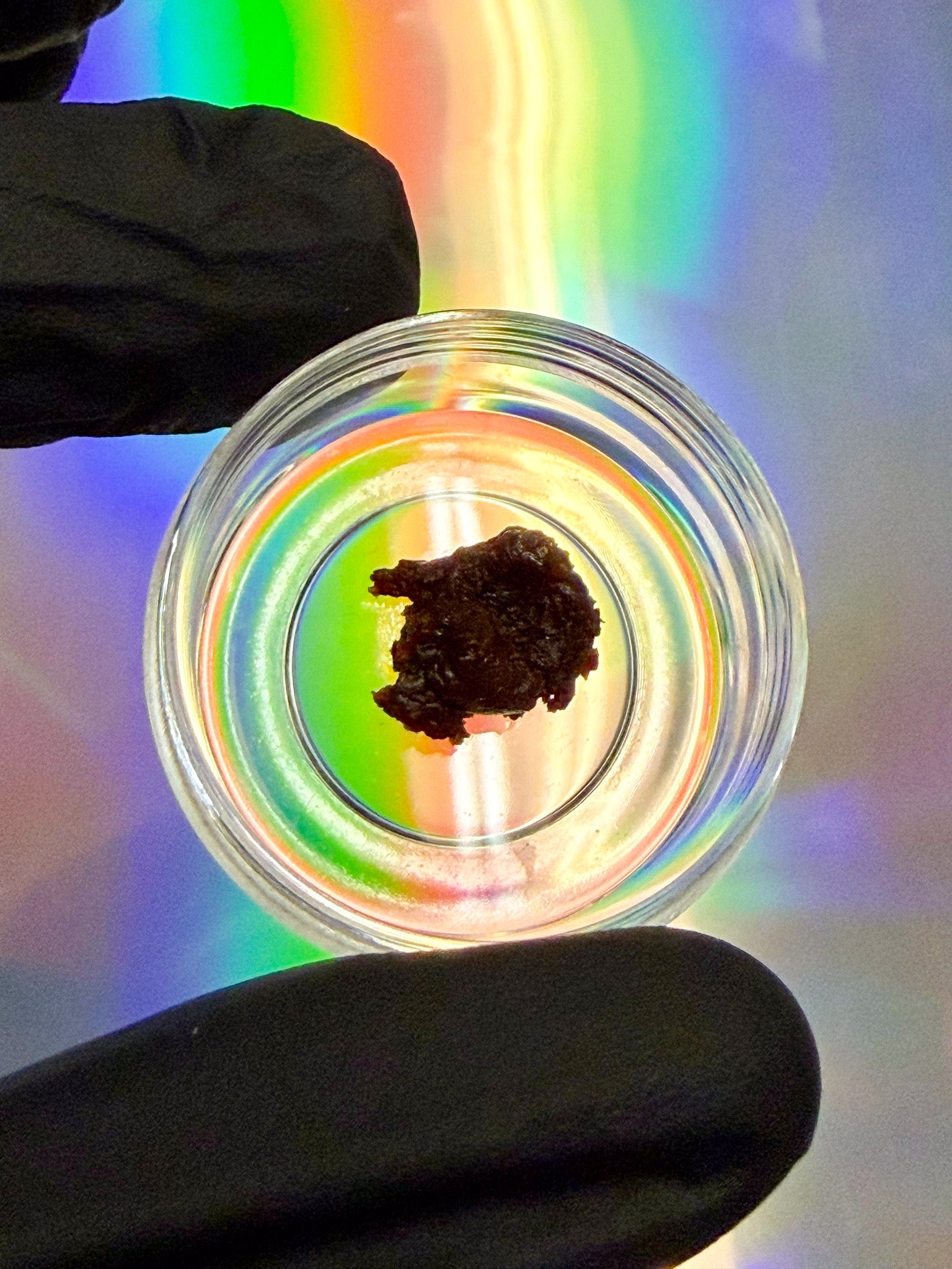In a clear glass small jar being held with black gloves is a dash of ginseng resin which is a red resin. This is all over a colorful reflective gradient background.