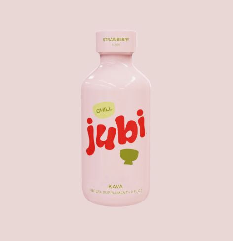 Jubi Kava herbal supplement shot in a light pink bottle labeled “Chill,” strawberry flavored, 2 fl oz, shown isolated on a soft neutral background.
