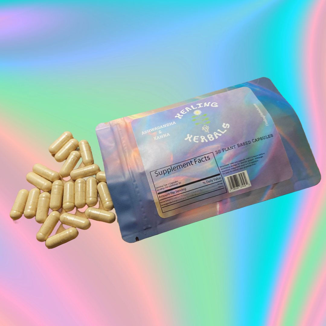 Healing Herbals ashwagandha and kanna vegan capsules, showing an iridescent resealable pouch labeled “Ashwagandha & Kanna” with beige plant-based capsules spilled beside it on a soft rainbow gradient background.