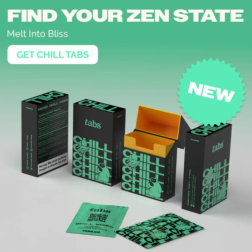 Green-themed promotional image, with multiple black boxes displaying bold “CHILL” typography, an open box revealing orange interior, mint strips sachets in front, a “NEW” badge, and the headline “Find Your Zen State – Melt Into Bliss.