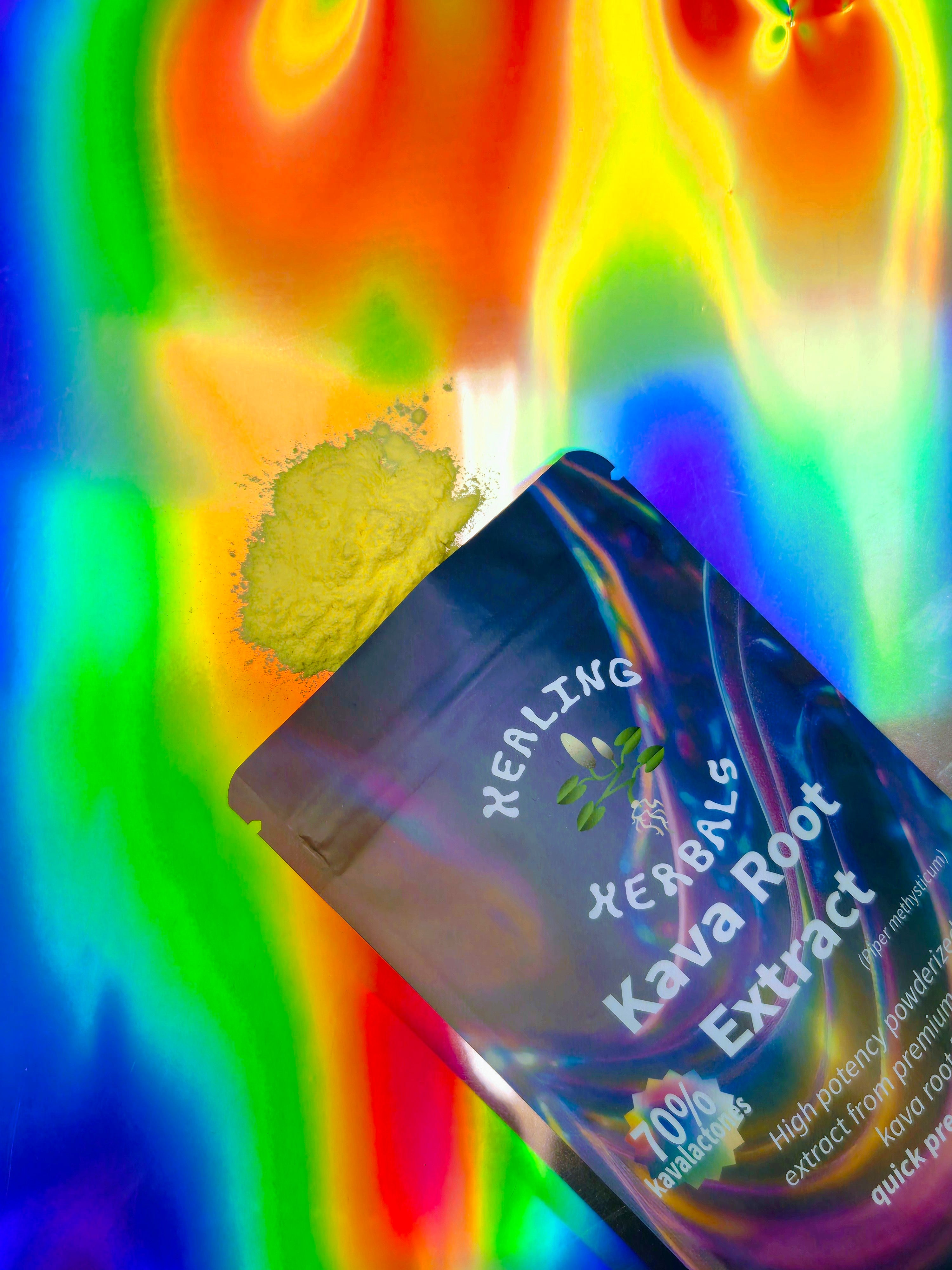Angled top-down photo of Healing Herbals Kava Root Extract pouch with visible yellow kava powder spilled beside the bag, displayed on a vibrant holographic rainbow background highlighting 70% kavalactone content.