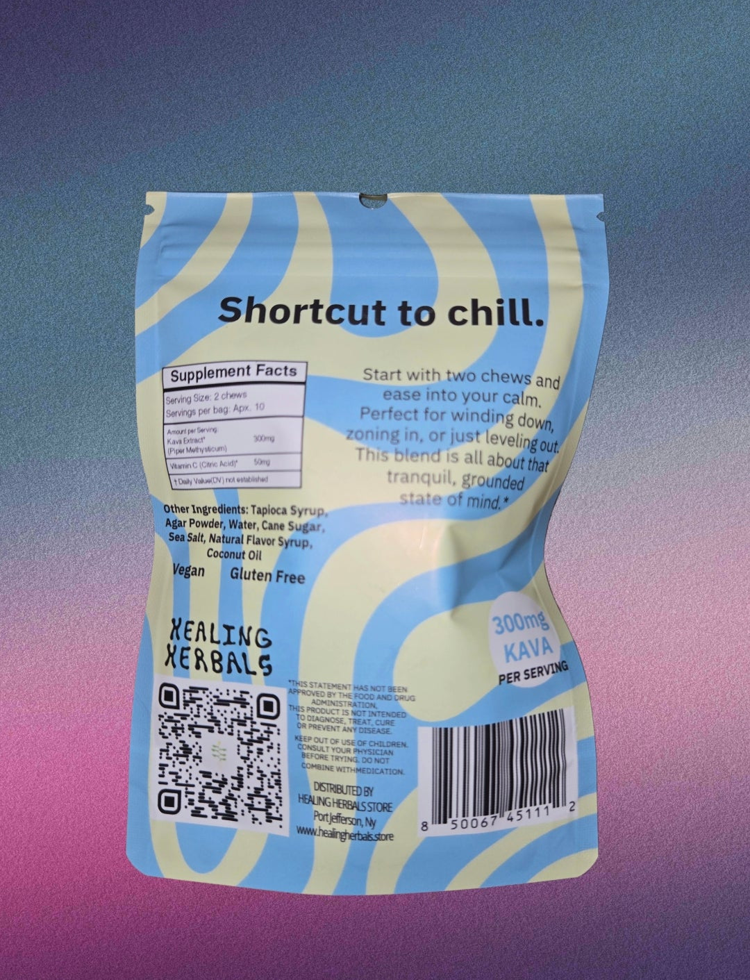 Resealable white pouch with blue curved designs, back showing supplement facts label.