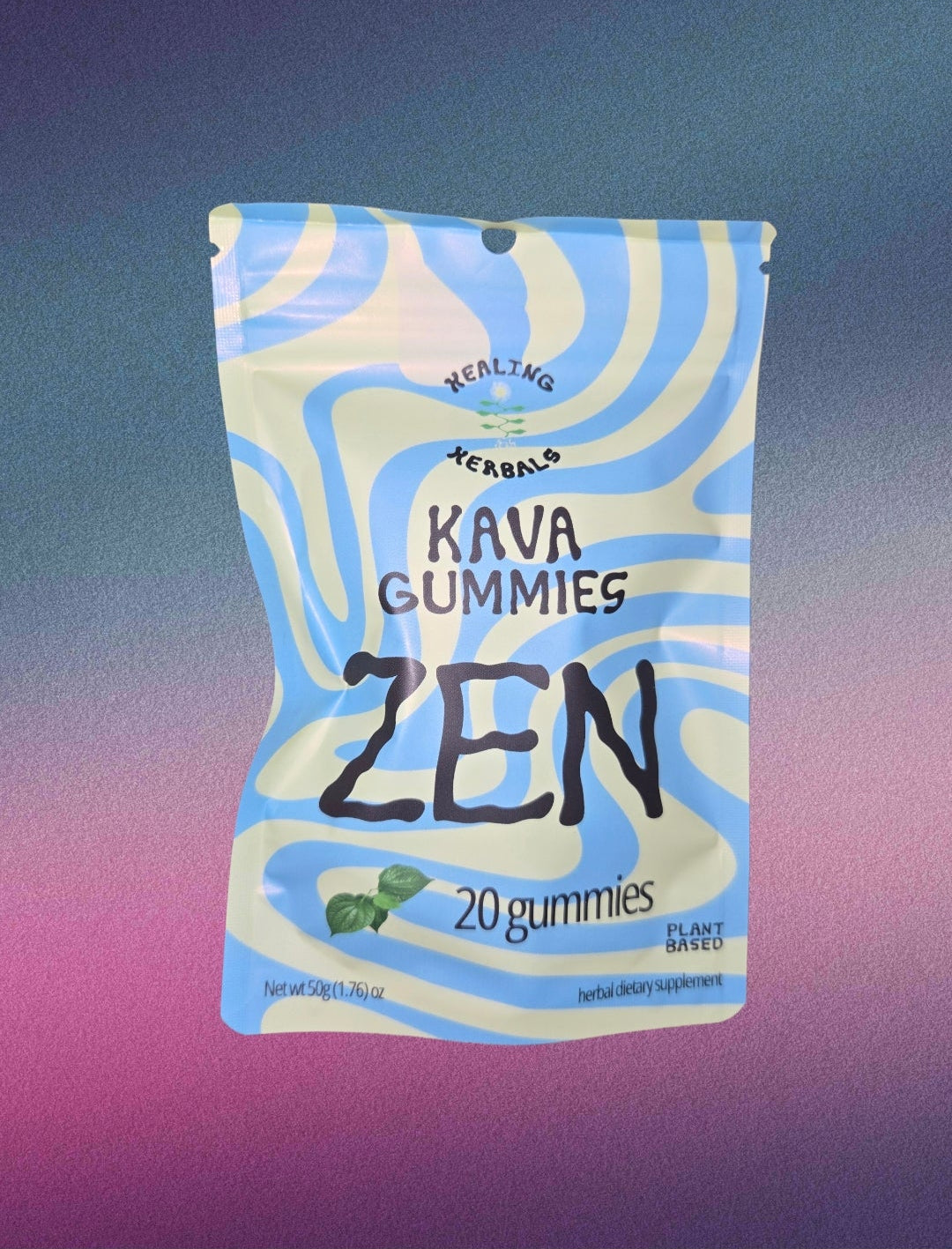 Resealable white pouch with blue curved designs, front labeled “20 GUMMIES” and “Kava Gummies ZEN”.