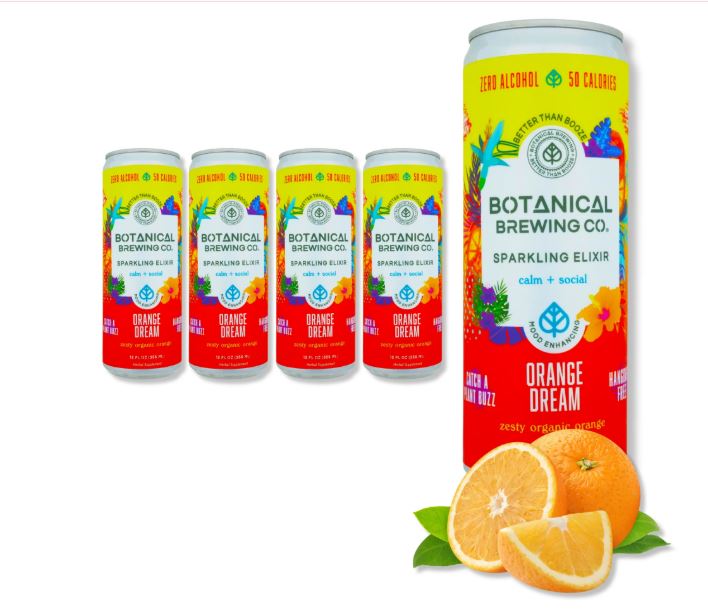 Five Sparkling Elixir cans, showing a lineup of four cans and a larger featured can with fresh orange slices, colorful botanical label design.