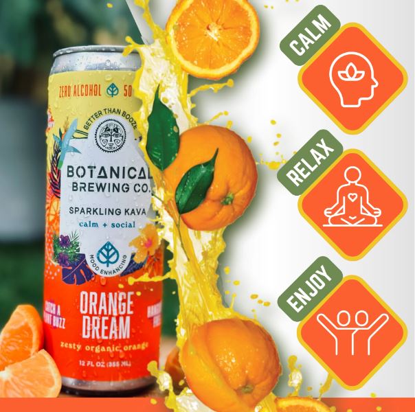 A can surrounded by splashing orange juice and fresh oranges, with icons highlighting calm, relax, and enjoy mood benefits.
