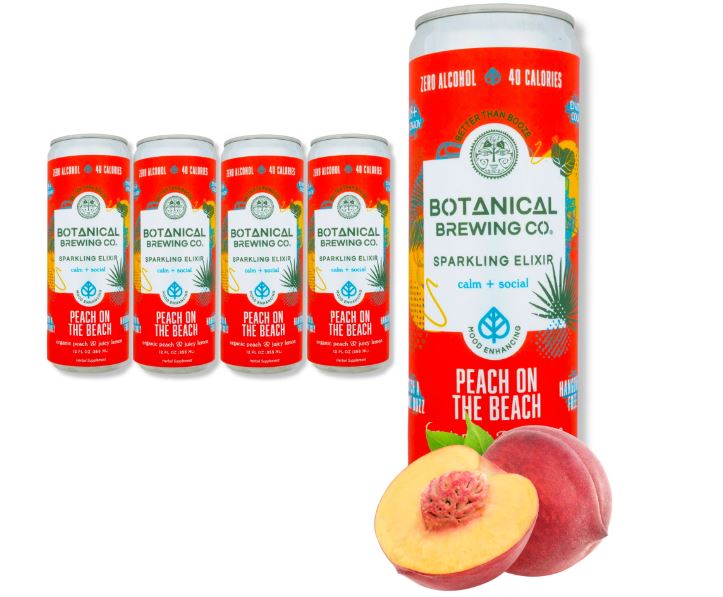Five red cans lined up on a white background, with one larger featured can displayed alongside fresh peach slices.