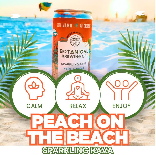 Red can displayed against a beach background with text indicating “calm, relax & enjoy.