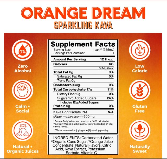 Kava Orange Dream Sparkling Elixir 12 FL OZ 355ML Supplement Facts - Healing Herbals