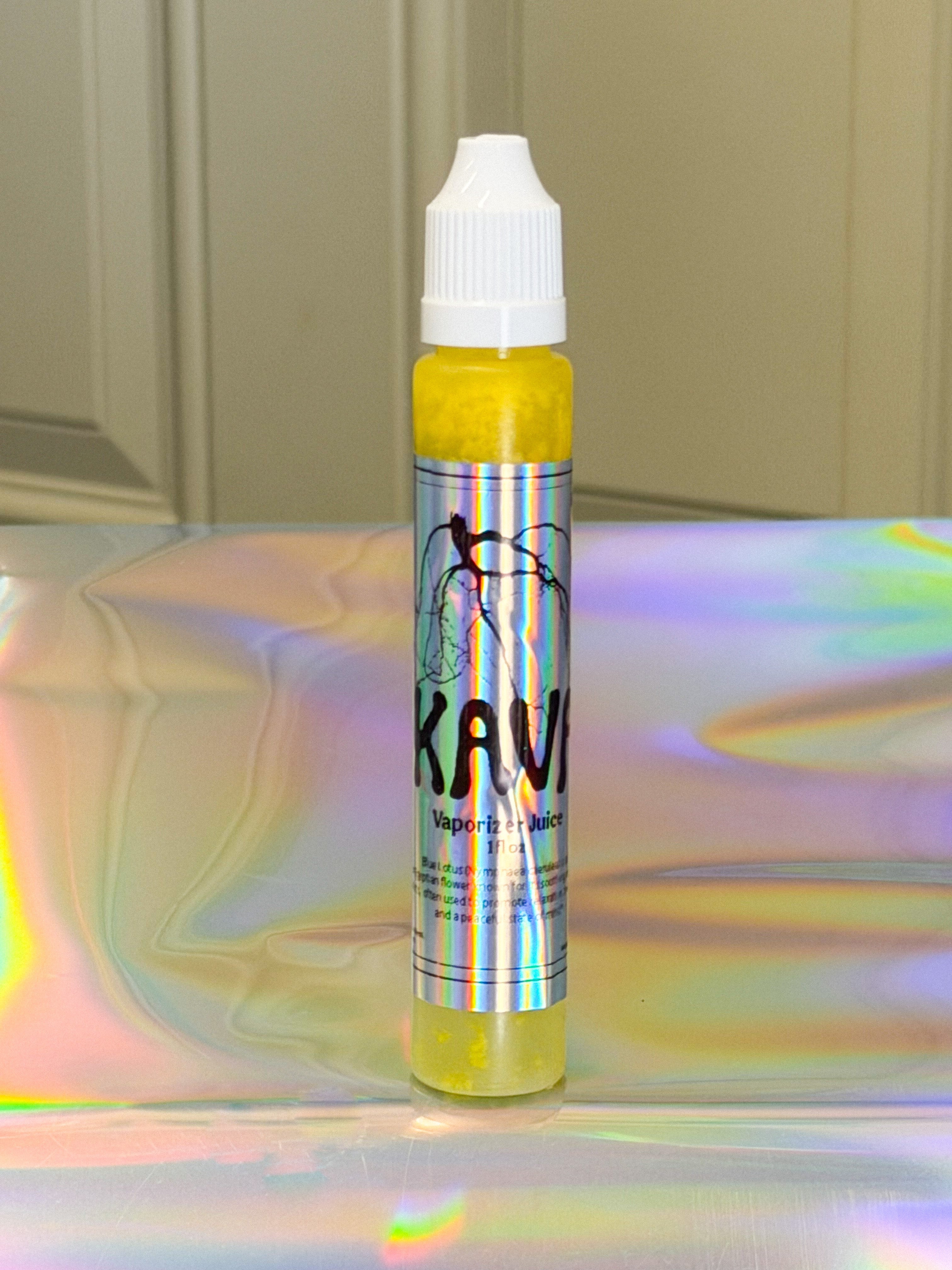 A tube of yellow kava extract infusion juice with a white cap, resting against an iridescent holographic surface.