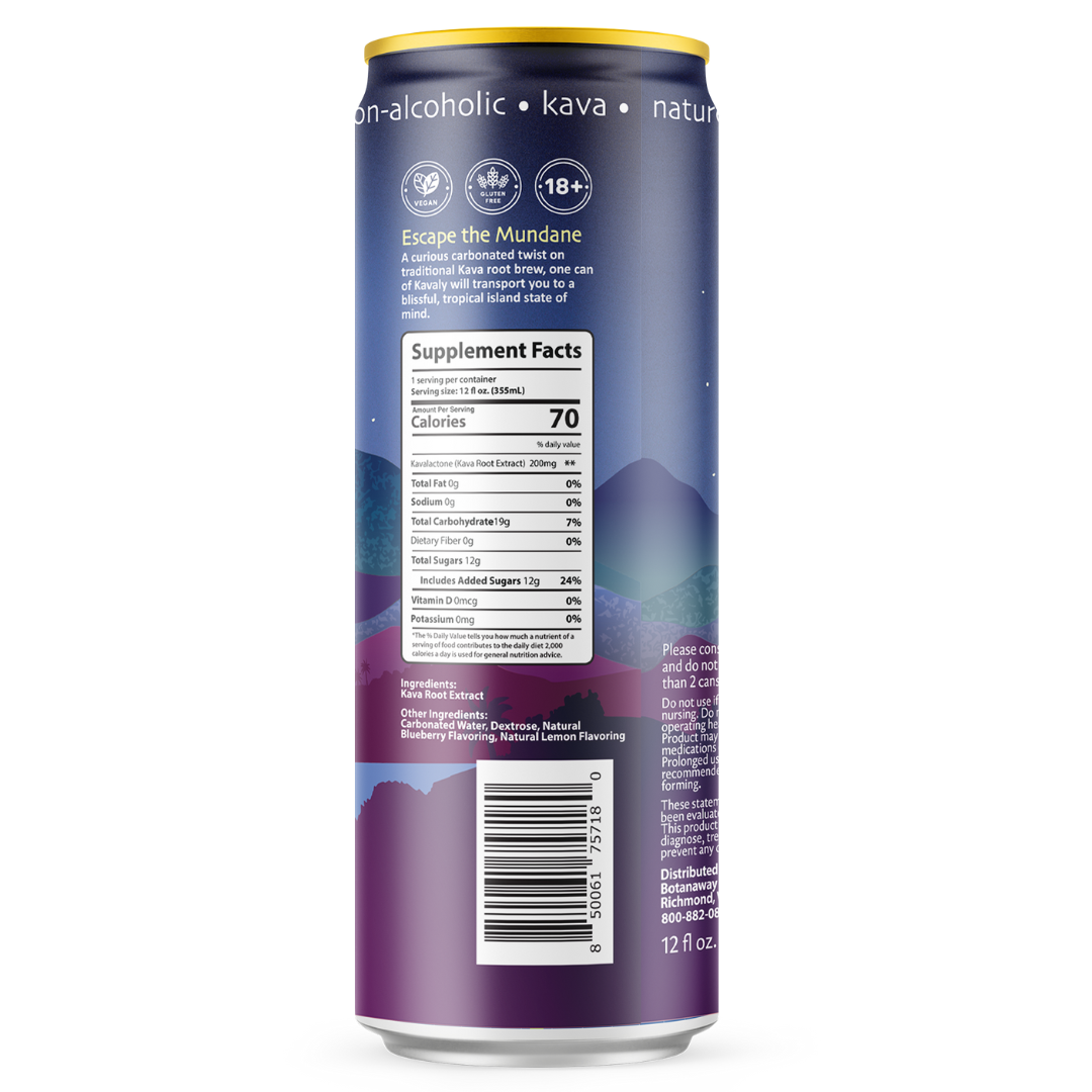 Blue Kavaly photographed on its side, showing the Supplement Facts panel on a clean white background.