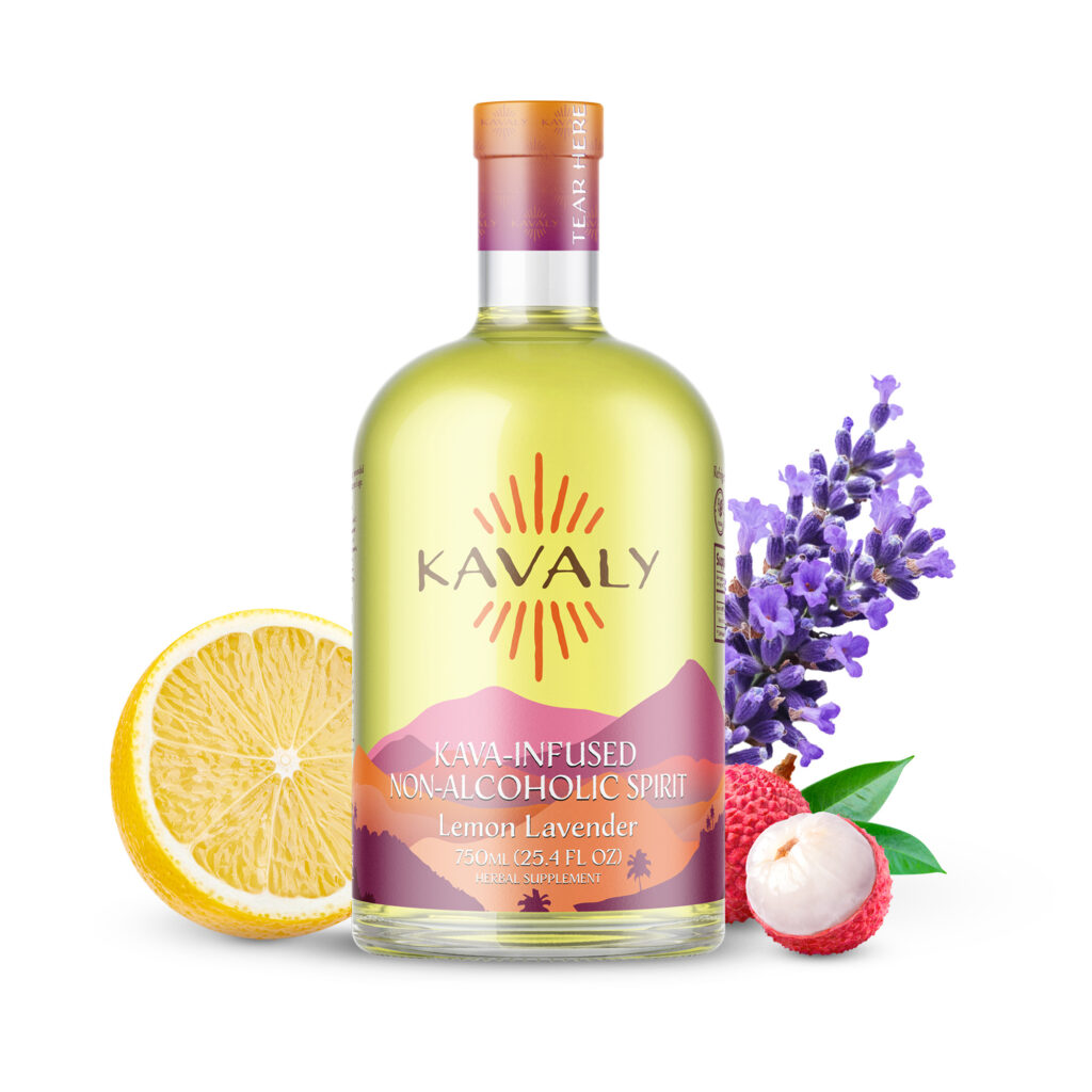 750 ml bottle filled with dark yellow liquid, featuring a purple-orange cap and labeled “KAVALY,” set on a white background with lemon, lychee, and lavender on the sides.