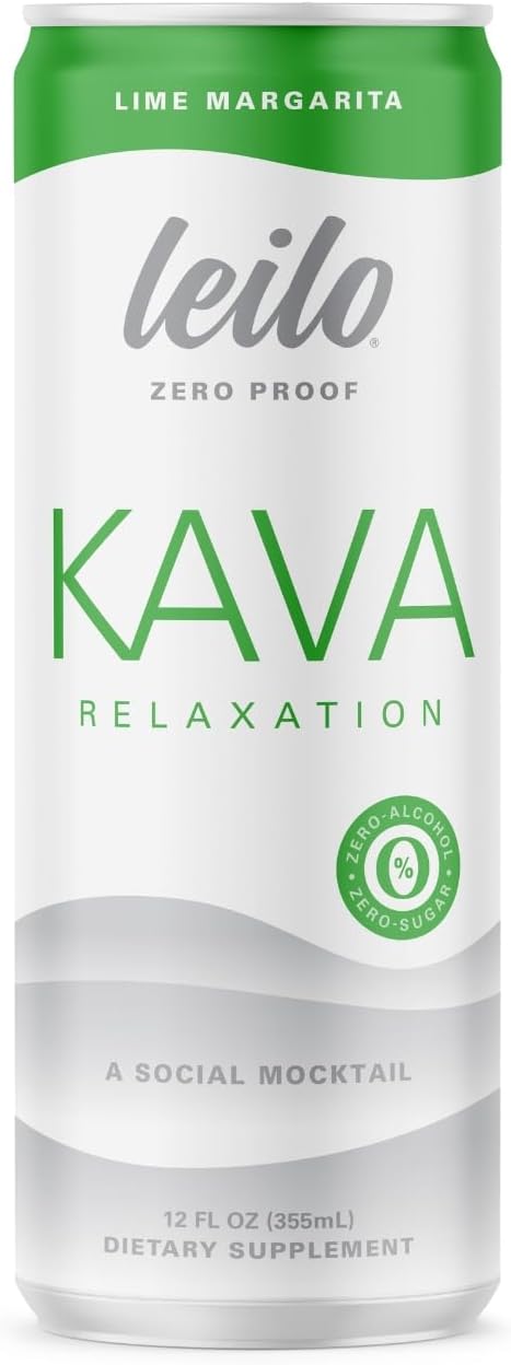 Front view of a Leilo Lime Margarita flavored kava relaxation drink can, labeled zero proof, zero alcohol, zero sugar, 12 fl oz dietary supplement, with a green and white minimalist design.