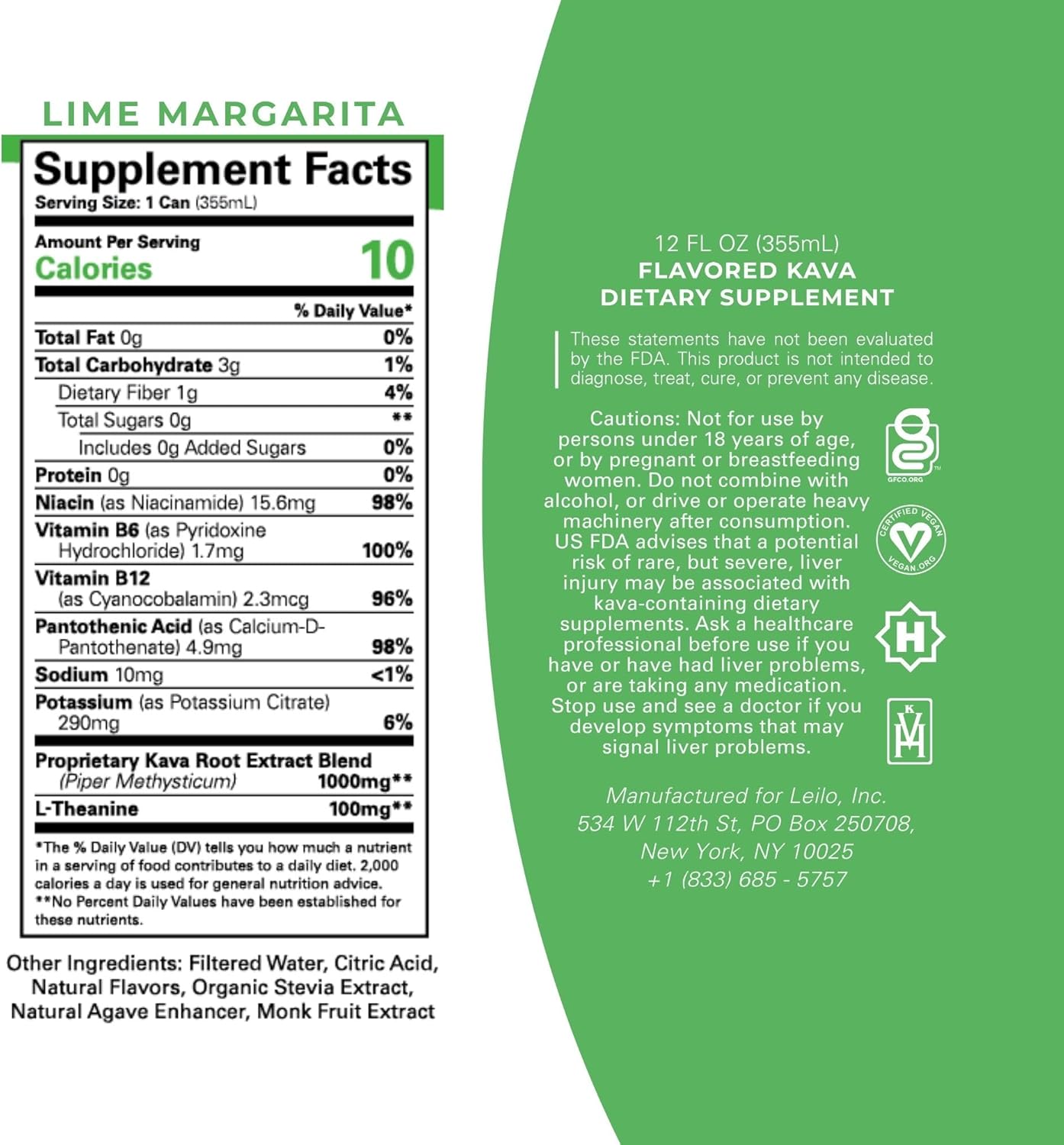 Supplement Facts label for Leilo Lime Margarita flavored kava drink, showing 10 calories per can, nutrition details, proprietary kava root extract blend, L-theanine content, ingredients list, cautions, and manufacturer information on a green background.