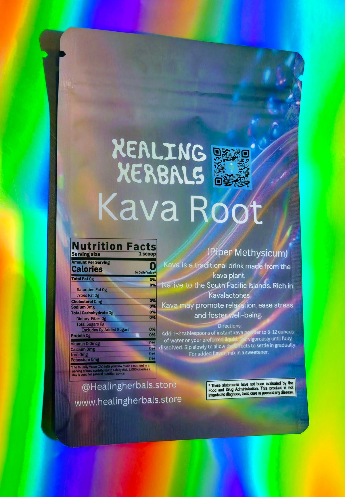 Back view of Healing Herbals kava root powder pouch showing nutrition facts, preparation directions, and product information, displayed on a colorful rainbow holographic background.