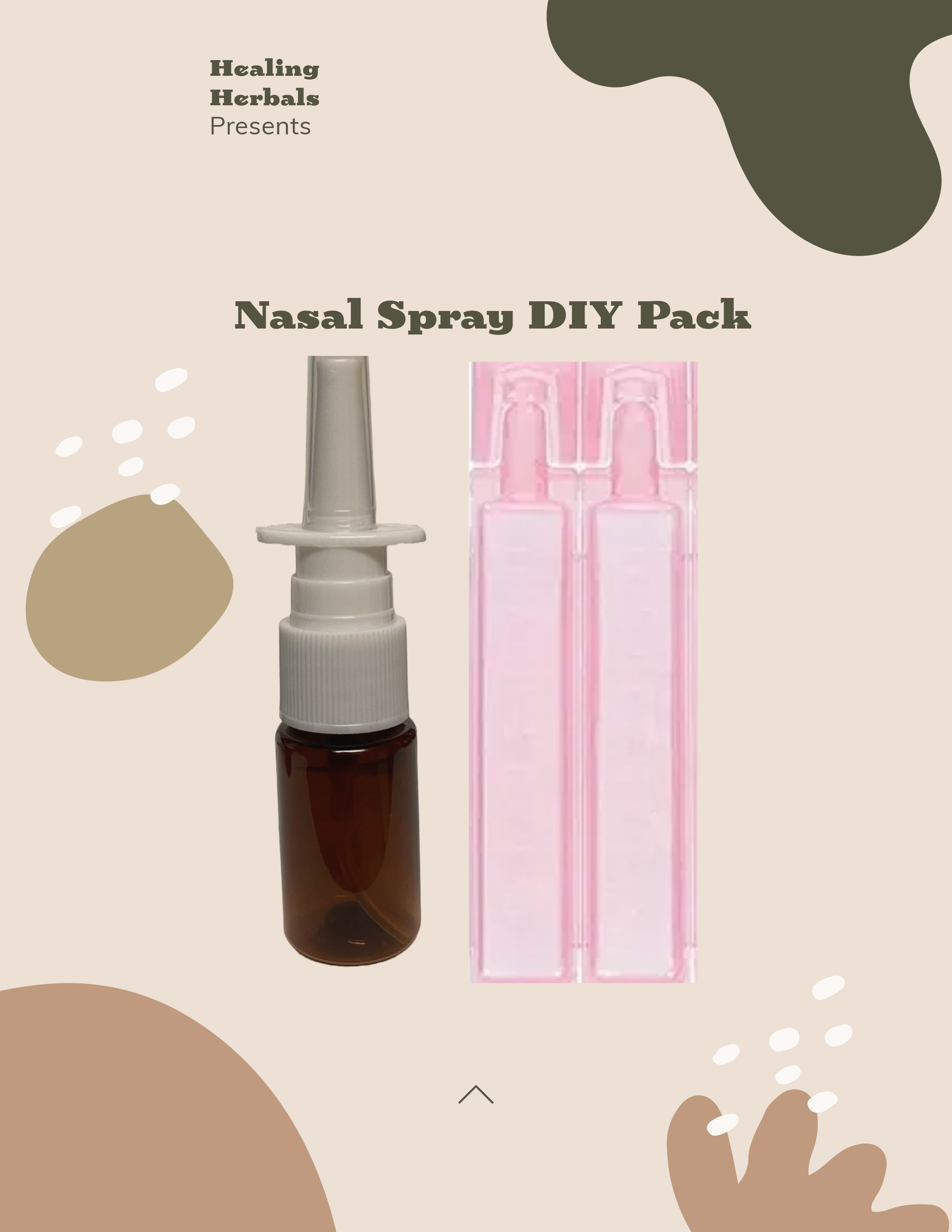Nasal Spray DIY Pack by Healing Herbals featuring an amber glass nasal spray bottle with white pump and two clear plastic refill vials, displayed on a neutral beige background with organic design elements.