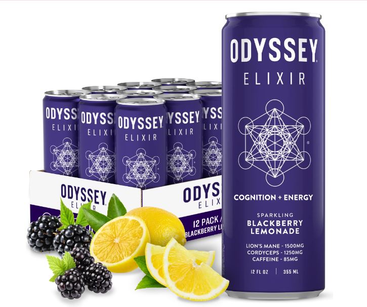 Odyssey Elixir sparkling blackberry lemonade can labeled “Cognition + Energy,” shown with a 12-pack case, fresh blackberries, and sliced lemons on a clean white background.