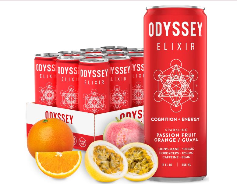 Odyssey Elixir sparkling passion fruit orange guava can labeled “Cognition + Energy,” shown with a 12-pack case and fresh oranges, passion fruit halves, and guava on a white background.