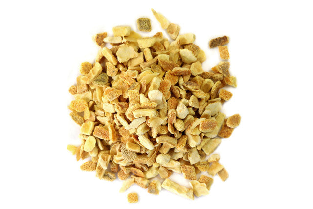 Top-down view of dried orange peel by Healing Herbals, showing small chopped citrus peel pieces in warm yellow-orange tones on a clean white background.
