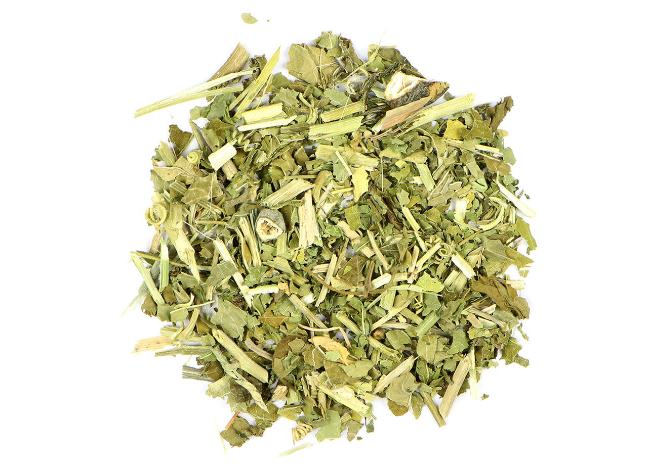 Dried passionflower herb with green leaves and pale stems, loose-cut botanical material displayed on a clean white background.