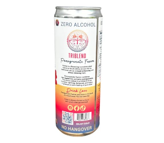 Side view of a can showing product descriptions for Pomegranate Fusion Botanical Brewing Kanna Triblend Drink, zero alcohol.