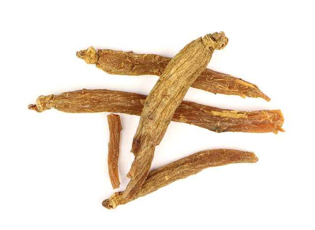 Top-down view of whole dried red ginseng roots by Healing Herbals, showing elongated tan-brown roots with a natural fibrous texture on a clean white background.