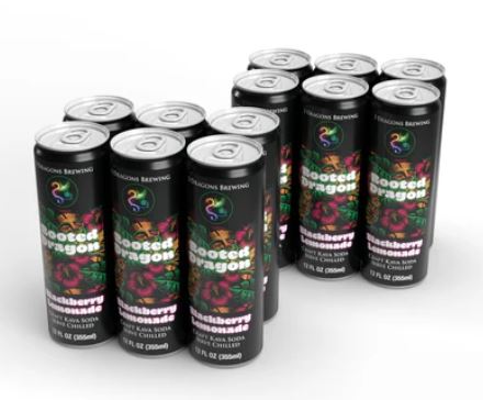 Twelve-pack of Rooted Dragon Blackberry Lemonade kava soda cans arranged in two rows on a white background, featuring black cans with colorful dragon branding and blackberry imagery.