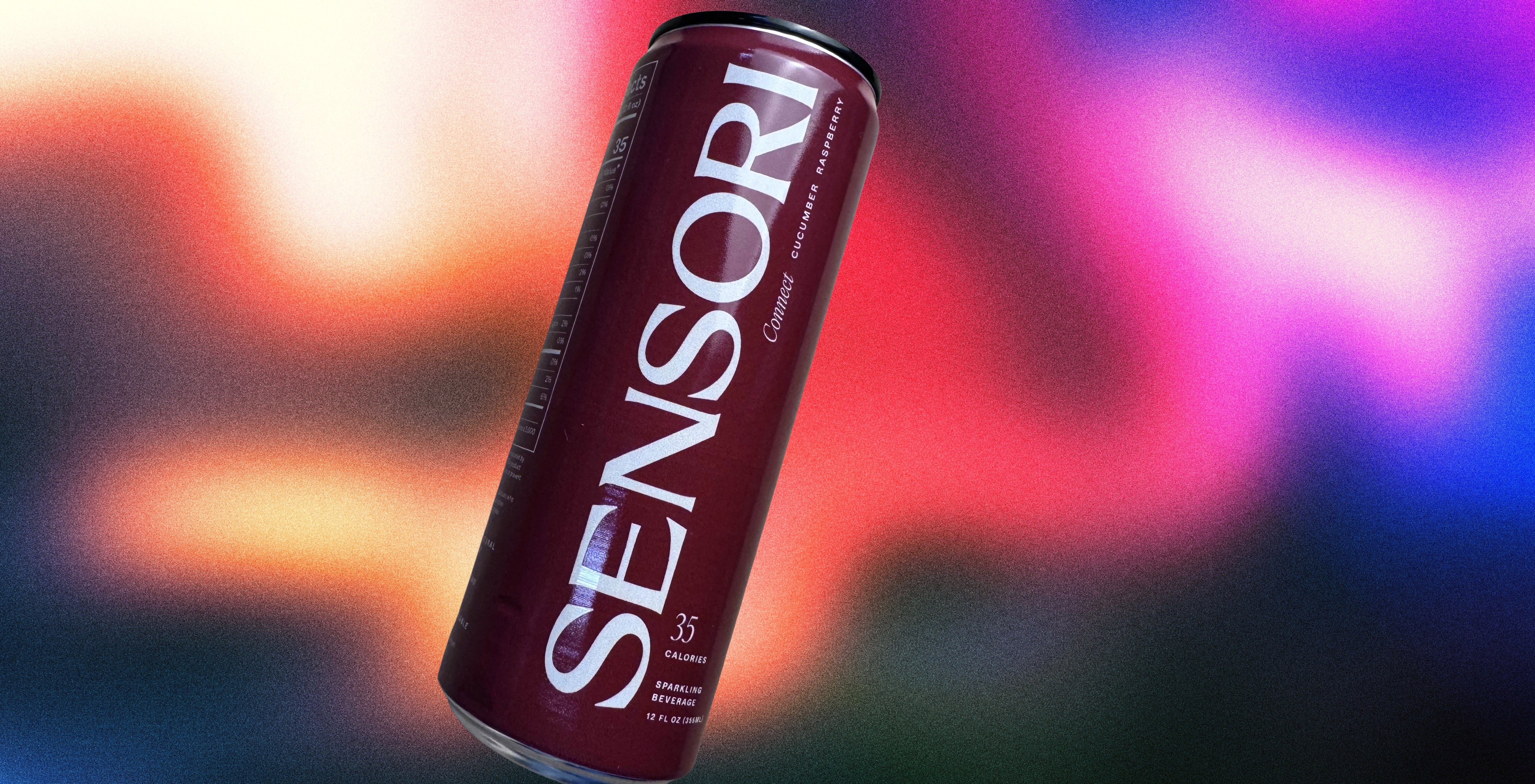 Dark red can on a colorful background with front label reading ‘SENSORI’ and ‘35 Calories’
