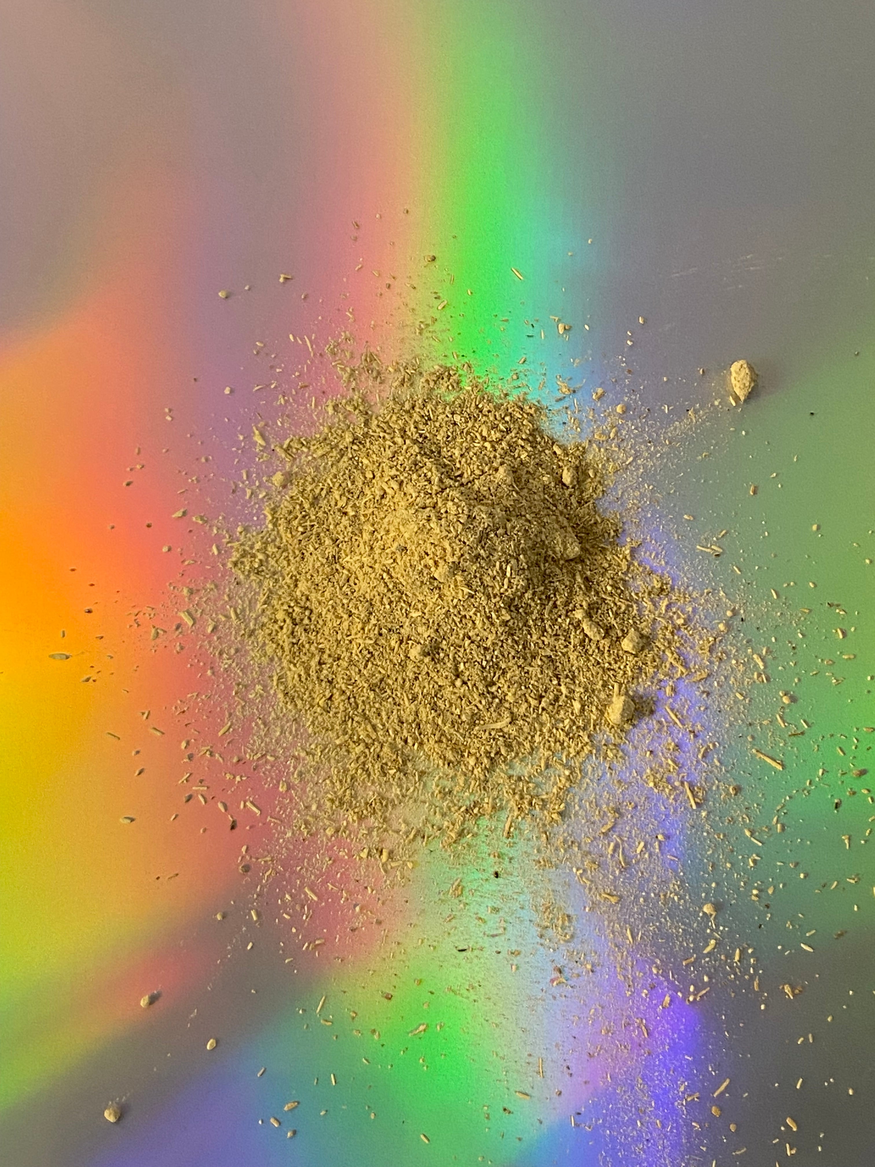 Finely ground Tongan kava root powder by Healing Herbals, shown in a loose mound with scattered particles on an iridescent holographic rainbow background.