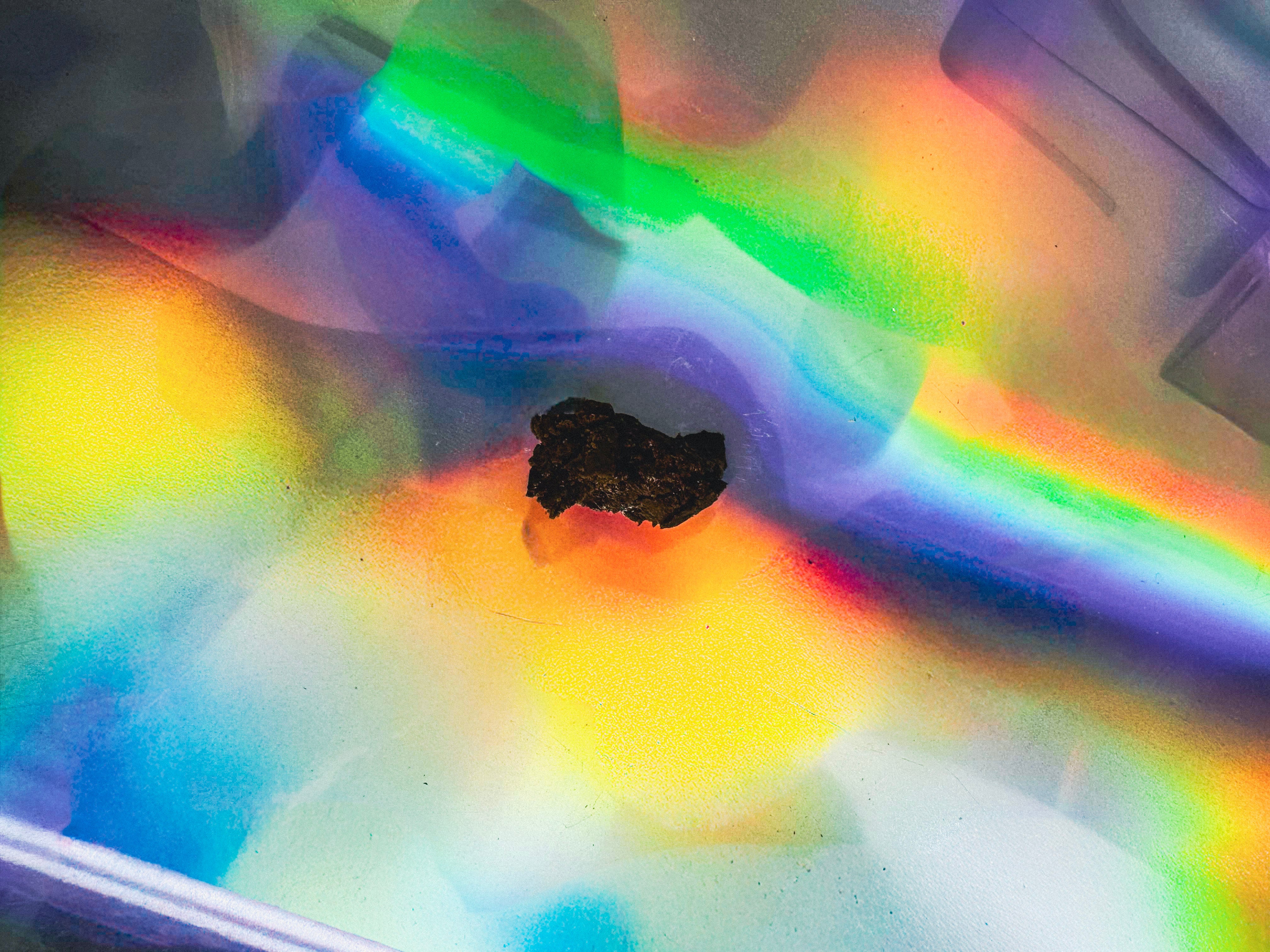 Close-up of a small dark resin-like chunk placed on a vibrant iridescent surface with colorful rainbow light reflections.