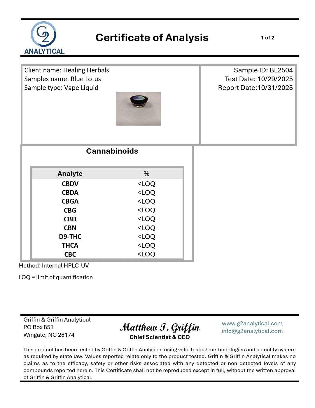 Certificate of Analysis - High Potency Blue Lotus Vape - cannabinoid screen lab report