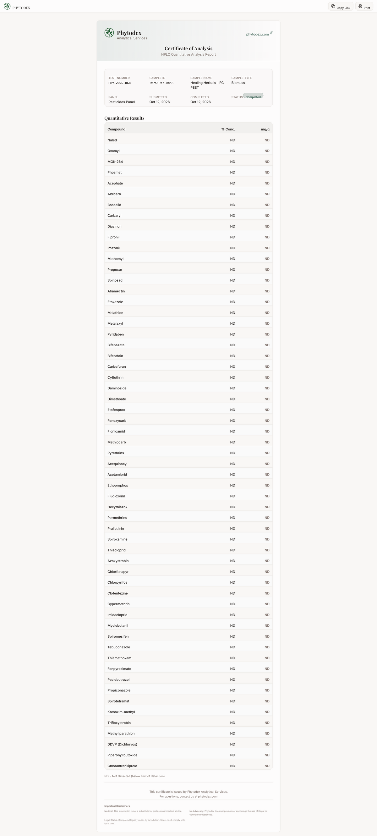 Field Grown Kanna pesticides panel certificate of analysis, Phytodex PHY-2026-868, all 59 compounds not detected