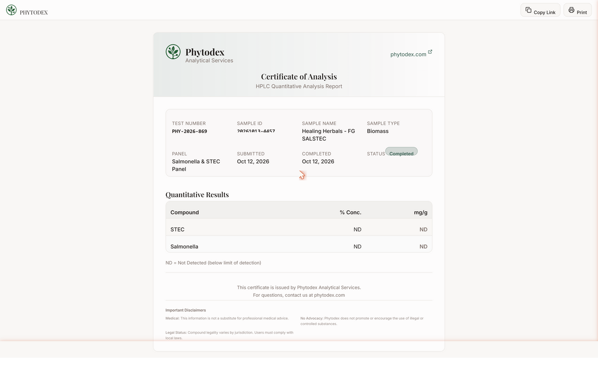 Field Grown Kanna Salmonella and STEC (E. coli) certificate of analysis, Phytodex PHY-2026-869, not detected