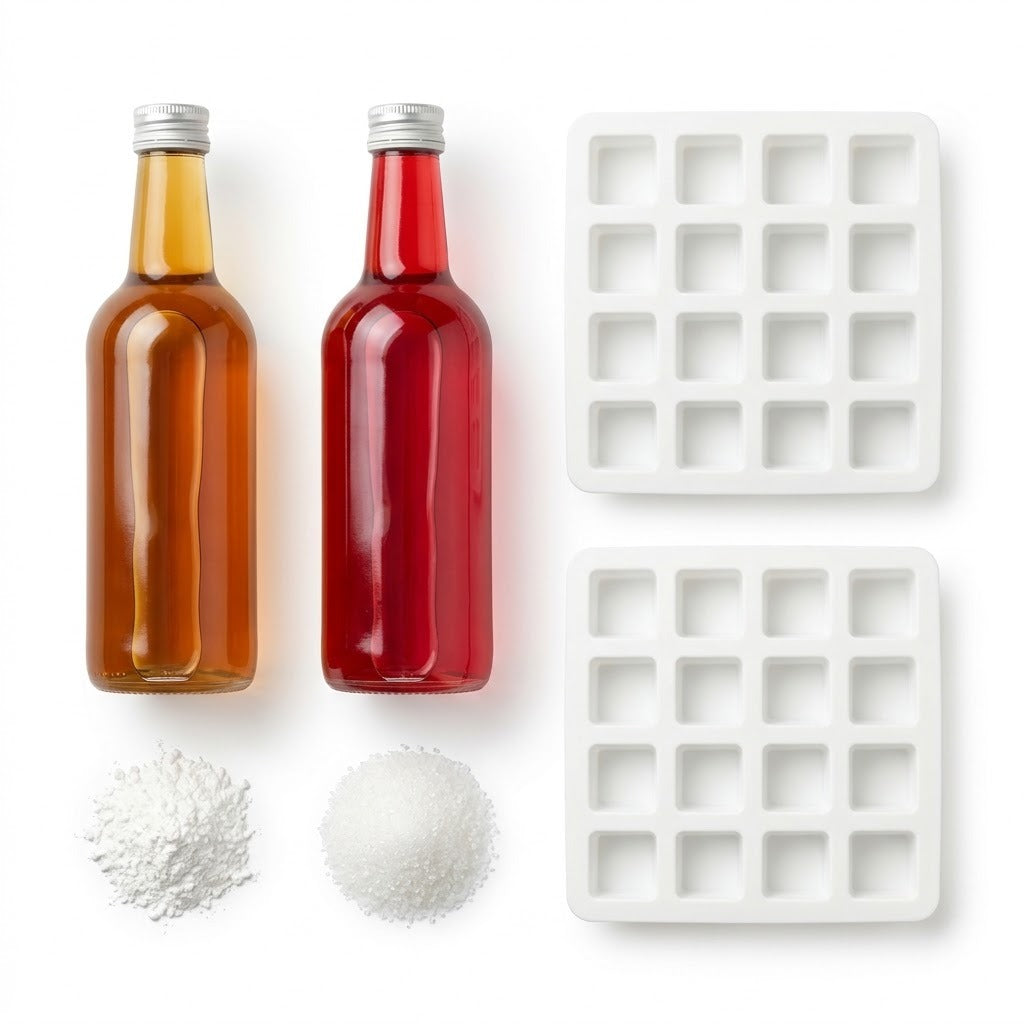 Flat lay of the home gummy kit contents: a bottle of tapioca syrup, a bottle of fruit syrup, agar powder, citric acid crystals and two silicone square candy molds